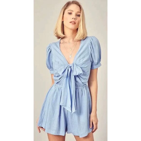 Mustard Seed Light Blue Front Tie Linen Romper size small nwot - Picture 1 of 2